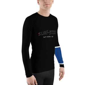 Men's Ranked BJJ or Surfing Surf-Jitsu Rash Guard - Blue Belt on Black