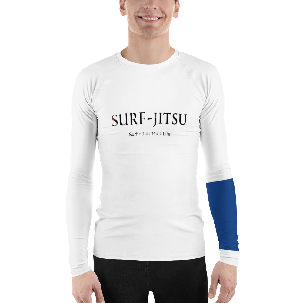 Men's Ranked BJJ or Surfing Surf-Jitsu Rash Guard - Blue Belt on White